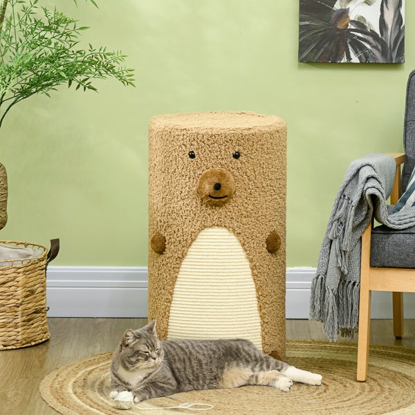 PawHut Kratztonne, Höhe 66 cm, Kratzturm mit 2 Ebenen, Katzentonne mit Kratzbrett, Katzenturm mit 2 Höhlen, Katzenkratzbaum im Bärendesign, Hellbraun