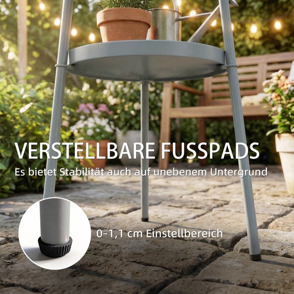 Verstellbare Fußpads für einen Gartentisch sorgen für Stabilität auf unebenem Boden mit einem Einstellbereich von 0 bis 1,1 Zentimeter.