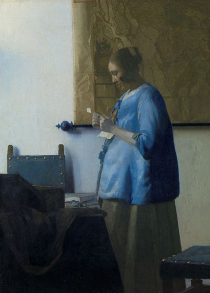 Gemälde einer Frau, die einen Brief liest, mit einer Karte an der Wand