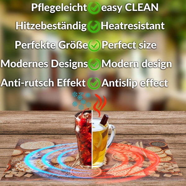 Tischset Eigenschaften: pflegeleicht, hitzebeständig, perfekte Größe, modernes Design, Anti-Rutsch-Effekt, für heiße und kalte Getränke geeignet.