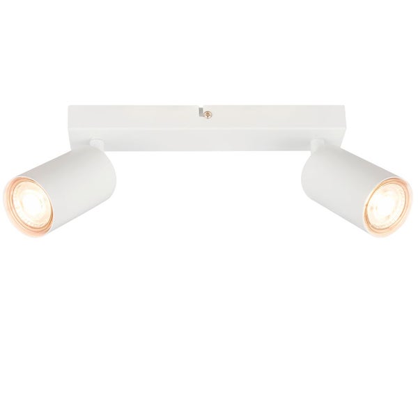 Zweiflammiger Deckenstrahler in Weiß mit zwei verstellbaren, zylinderförmigen Spots.