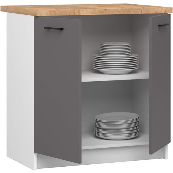 Küchenunterschrank mit zwei Regalböden und Geschirr