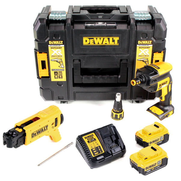 DeWalt Akku-Trockenbauschrauber-Set mit zwei 18 Volt 4,0 Amperestunden Akkus, Ladegerät, Magazinvorsatz, Bit und TSTAK Transportkoffer.