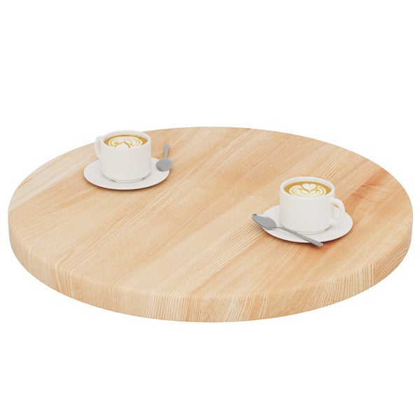 Runde Tischplatte aus Holz mit zwei Kaffeetassen.