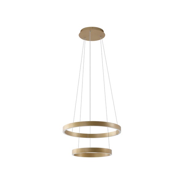 Moderne LED-Pendelleuchte mit zwei goldfarbenen Ringen aus Metall, höhenverstellbar an feinen Seilabhängungen für die Deckenmontage.