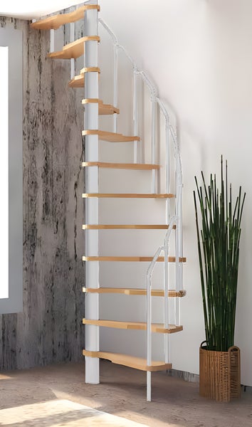 HandyStairs platzsparende Wendeltreppe „Radius“ – 140x70 cm – 299 cm hoch – 12 Buchenstufen – Weiß