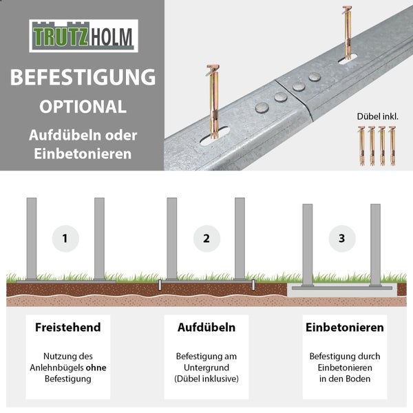 TrutzHolm Befestigungsoptionen: Freistehend, Aufdübeln oder Einbetonieren