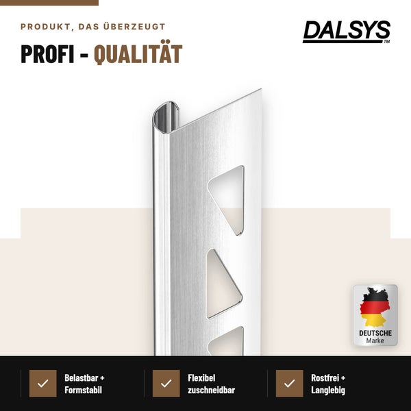 Dalsys Fliesenschiene aus Metall fuer saubere Kantenabschluesse an Fliesen, stabile Ausfuehrung mit Stanzungen fuer eine einfache Montage.