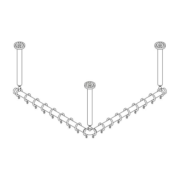 L-förmige Duschvorhangstange für Eckmontage mit drei Deckenstützen und Ringen in technischer Zeichnung.