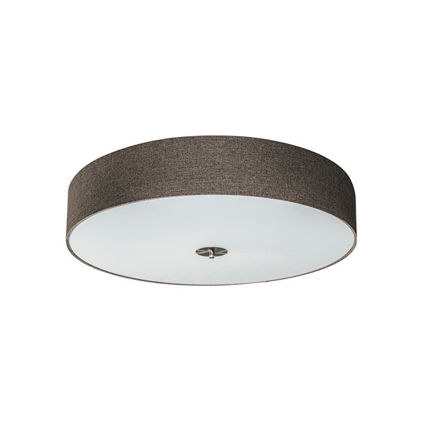 Runde Deckenleuchte mit grauem Textilschirm und weißem Diffusor.