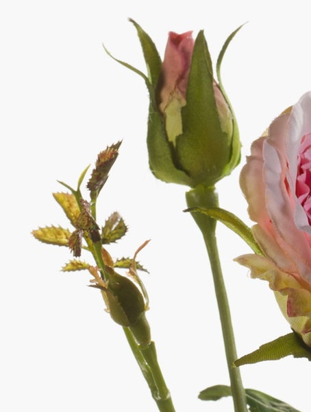 Künstliche Rose mit einer Blüte und zwei Knospen in Rosa
