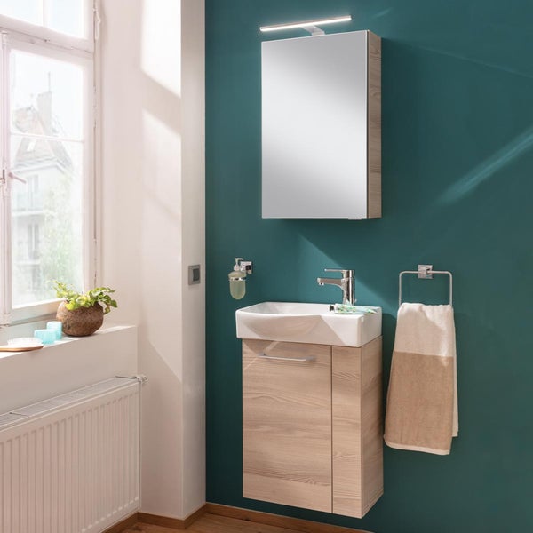Fackelmann B.CLEVER Gäste-WC Set 2 Teile – Waschtischunterschrank in Holz Braun mit Waschbecken aus Keramik – SBC Waschbeckenunterschrank schmal – Türanschlag links – Hahnloch rechts – 45 cm breit