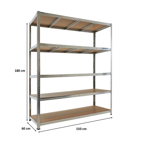 Schwerlastregal aus Metall mit fünf Holzböden, Maße 180 Zentimeter Höhe, 150 Zentimeter Breite und 60 Zentimeter Tiefe.