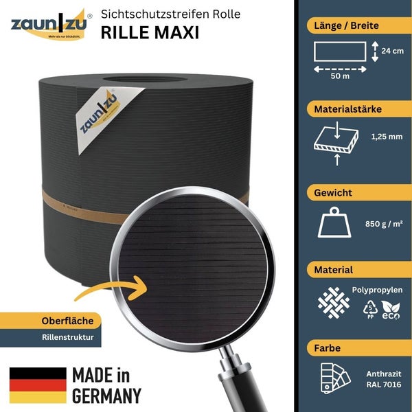 Zaun zu Sichtschutzstreifen Rolle Rille Maxi mit Produktdetails zu Länge, Breite, Materialstärke, Gewicht, Material Polypropylen und Farbe Anthrazit RAL 7016