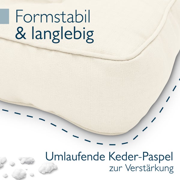 Formstabiles und langlebiges Kissen mit umlaufender Keder-Paspel zur Verstärkung.