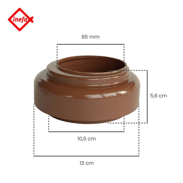 Inefa Fallrohradapter aus braunem Kunststoff. Maße: oben 85 Millimeter, Höhe 5,6 Zentimeter, unten 10,5 und 13 Zentimeter. Inefa Logo.