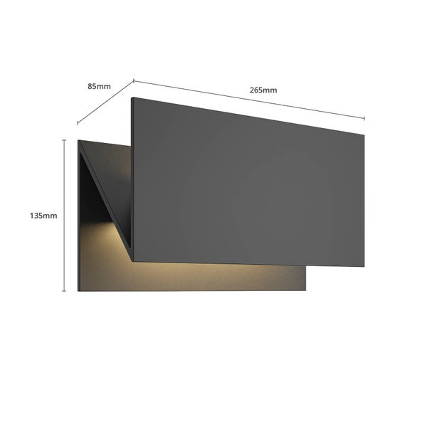 Moderne Außenwandleuchte in Anthrazit mit LED-Licht. Maße: Breite 265 Millimeter, Höhe 135 Millimeter, Tiefe 85 Millimeter.