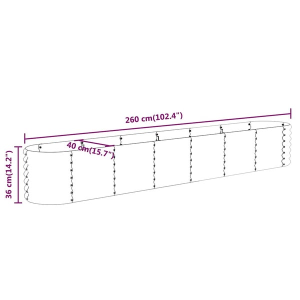 Maßzeichnung eines ovalen Hochbeets mit den Maßen: Länge 260 Zentimeter, Breite 40 Zentimeter und Höhe 36 Zentimeter.