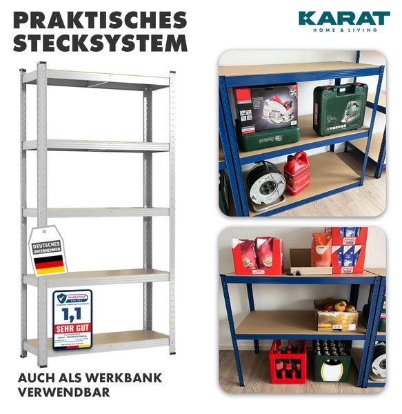 Karat Home und Living Logo. Schwerlastregal aus Metall mit Holzböden und Stecksystem, auch als Werkbank nutzbar. Siegel für sehr gute Bewertung.