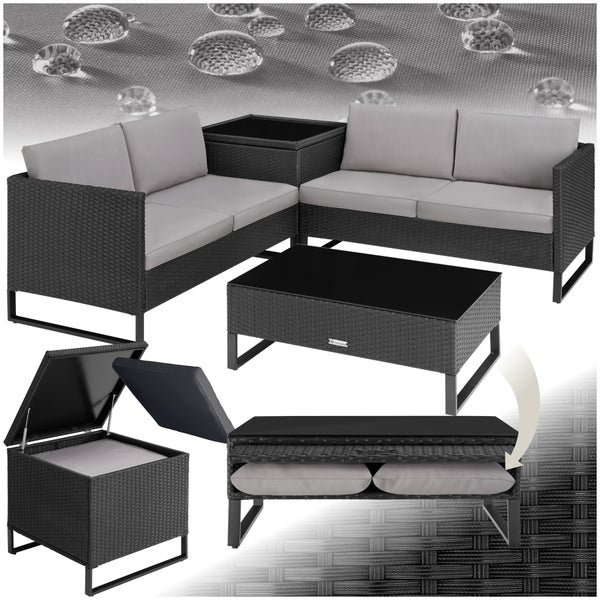 Rattan Lounge tectake Ostuni mit Sicherheitsglasplatte für 4 Personen schwarz