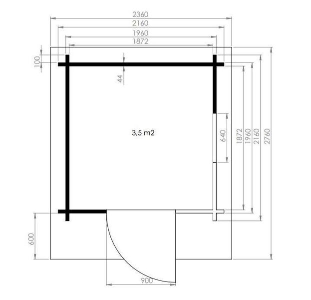 Grundrisszeichnung eines Gartenhauses mit den Außenmaßen 2360 mal 2760 Millimeter und einer Grundfläche von 3,5 Quadratmetern.