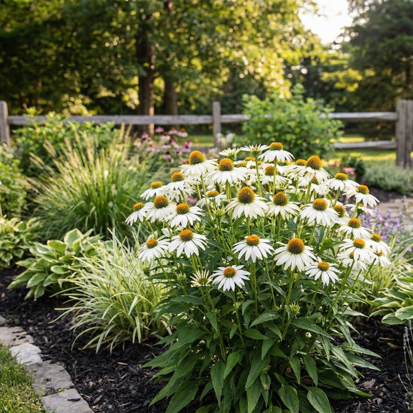 Weißer Sonnenhut Echinacea in einem Gartenbeet mit dunklem Mulch, Ziergräsern und einem Holzzaun im Hintergrund.