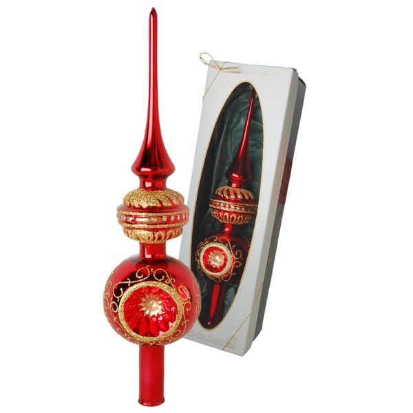 Rot glanz 33cm Große Reflexspitze mit 3 Reflexen und aufgesetzter Form, Glasornament, mundgeblasen, handdekoriert mit Glitter, 1 Stck., Weihnachtsbaumkugeln, Christbaumschmuck, Weihnachtsbaumanhänger