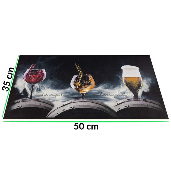 Glas-Abdeckplatte für Herd, 50 mal 35 Zentimeter, Motiv Wein, Cognac und Bier auf Holzfässern mit Schriftzug have fun.