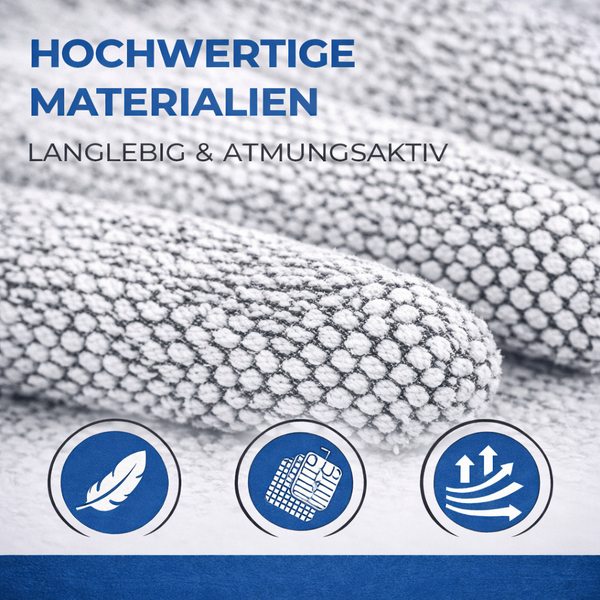 Hochwertige, langlebige und atmungsaktive Materialien mit Symbolen für Leichtigkeit und Struktur.