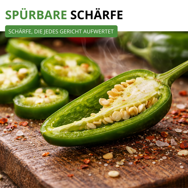 Aufgeschnittene grüne Chilischote mit Kernen auf einem Holzbrett mit Gewürzen und dem Text Spürbare Schärfe.