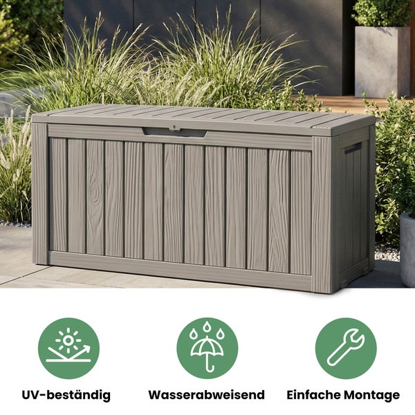 Garten-Auflagenbox in Holzoptik im Garten, UV-beständig, wasserabweisend und einfache Montage.