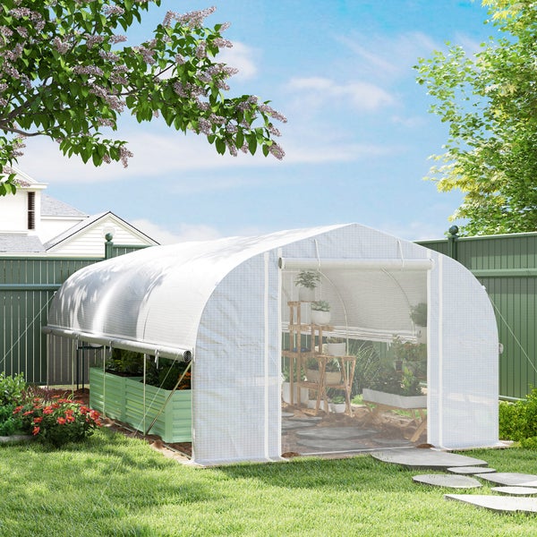 Outsunny Gewächshaus 6 x 3 x 2 m Foliengewächshaus mit 8 Fenster & Tür, Aufrollbar Seitenwänden, UV-beständiger Folientunnel Tomatenhaus mit verzinkten Stahlrahmen, Weiß