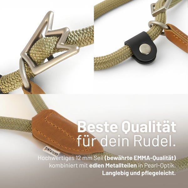 Detailansicht einer Hundeleine aus 12 Millimeter dickem Tau mit Lederverstärkungen und Metallelementen in Perlenoptik.