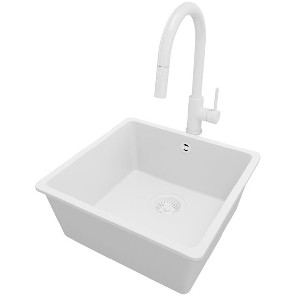PRIMAGRAN Granitspüle Alles Weiß 46x44cm, Spülbecken 1 Becken + Küchenarmatur 40x20cm + Ablauf-Set, Küchenspüle ab 50er Unterschrank - Venedig Slim Easy