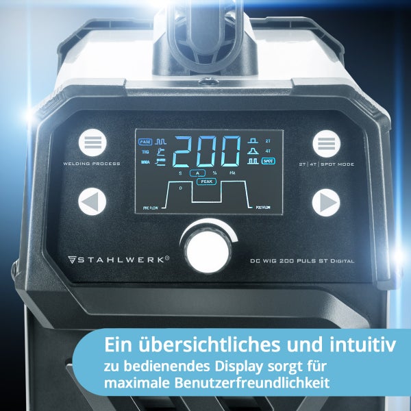 Detailansicht des Displays eines Stahlwerk DC WIG 200 Puls ST Digital Schweißgeräts.