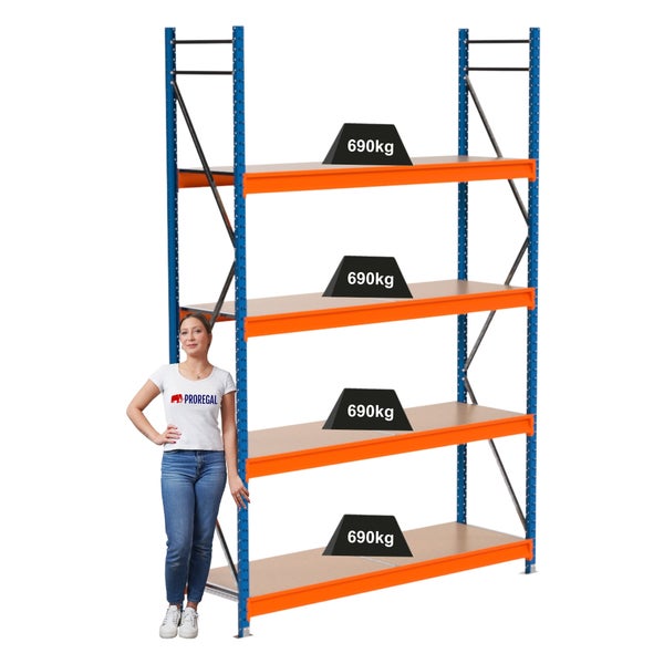 Lagerregal mit vier Ebenen und einer Traglast von 690 Kilogramm pro Ebene.