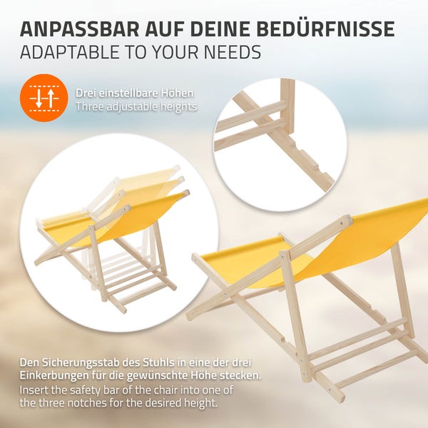 Gelber Liegestuhl aus Holz mit drei verstellbaren Höhenstufen und Detailansicht der Einkerbungen zur Einstellung.