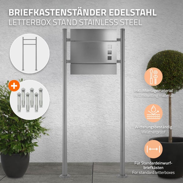 Briefkastenständer aus Edelstahl inklusive Briefkasten und Montagematerial, witterungsbeständig, passend für Standardbriefkästen.