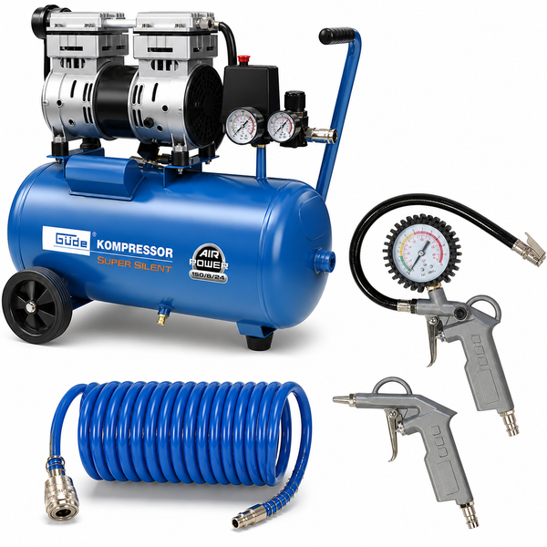 Güde Super Silent Kompressor-Set mit 24-Liter-Tank, Zwei-Zylinder-Motor, Druckmanometern, Spiralschlauch, Reifenfüller und Ausblaspistole.
