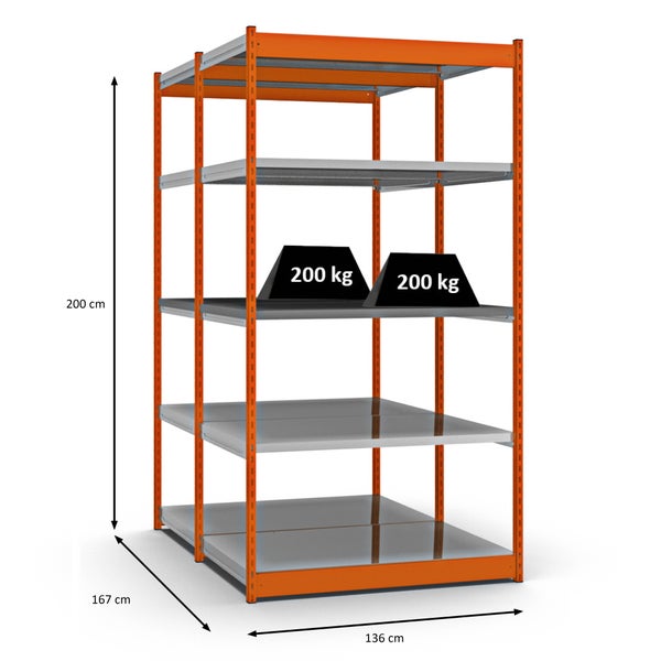 PROREGAL Fachbodenregal Stecksystem Vierkant-Profil Grundregal HxBxT 200 x 132,5 x 80 cm 2x5 Ebenen Doppelseitige Bauart Fachlast 200 kg Orange