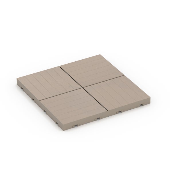 Vier quadratische beige Terrassenfliesen aus Holz-Kunststoff-Verbundwerkstoff mit Holzstruktur und Klicksystem.
