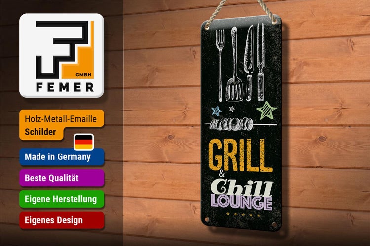Blechschild Spruch Grill & Chill Fleisch Grillen 10x27cm Dekoration