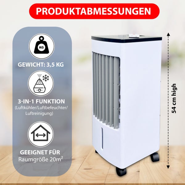 Luftkühler mit 3-in-1-Funktion: Kühlung, Befeuchtung, Reinigung. Gewicht 3,5 Kilogramm, Höhe 54 Zentimeter, für Räume bis 20 Quadratmeter geeignet.