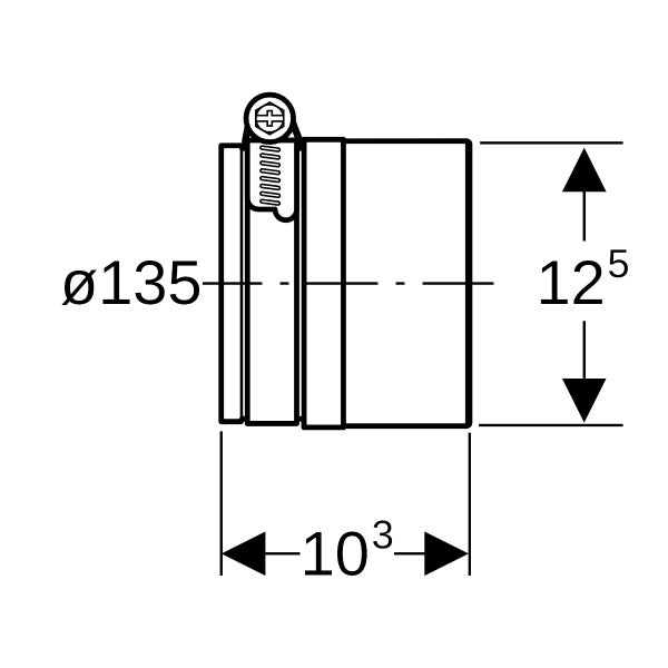 Technische Zeichnung Rohrverbinder mit Schlauchschelle, Durchmesser 135 Millimeter, Länge 103 Millimeter, Innenmaß 125 Millimeter.