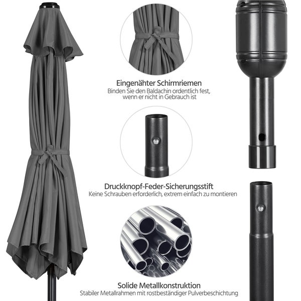 Detailansicht eines Sonnenschirms mit Befestigungsriemen, Federstift und Metallkonstruktion