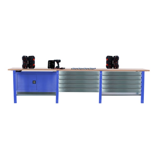 Werkbank BUFFALO WOOD mit 10x Schublade + Schrank| HxBxT 86,5x300x75cm | Traglast 1000kg | Blau
