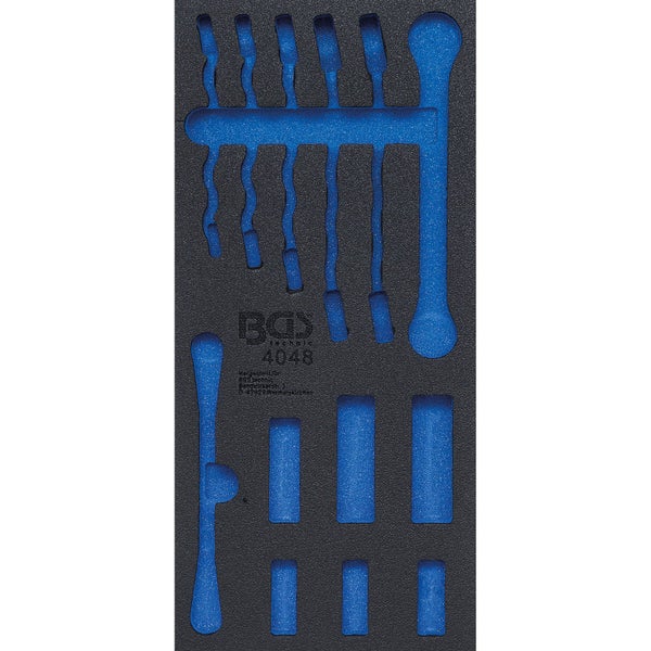 Werkstattwagen-Einlage aus Schaumstoff mit BGS technic Logo und passgenauen Aussparungen für Werkzeuge.