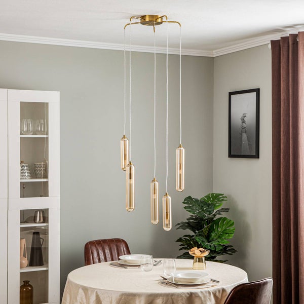 Lucande Pendelleuchte Freylin (Retro, Vintage Antik) in Creme aus Glas (5 flammig G9) - Hängelampe Esstischlampe Hängeleuchte Wohnzimmerleuchte