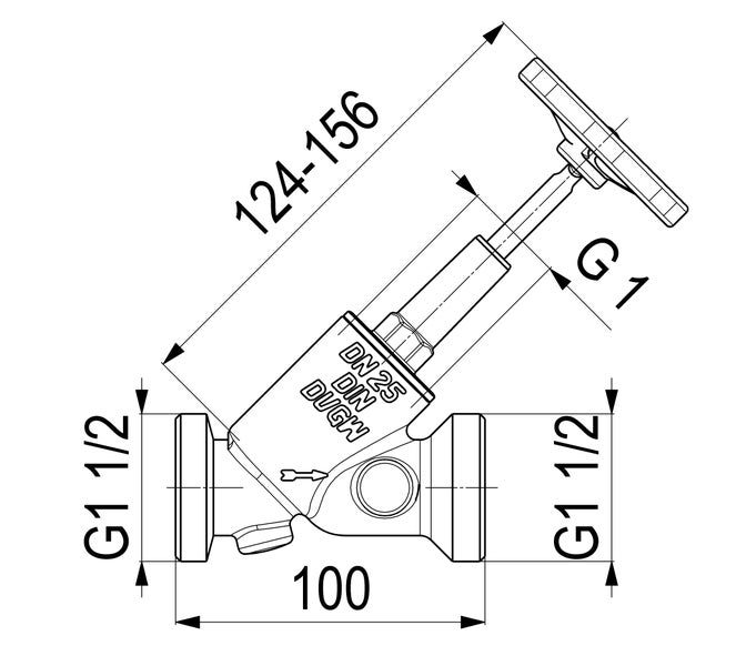 Technische Zeichnung eines Schrägsitzventils. Baulänge 100 Millimeter, Anschluss G 1 1/2, Nennweite 25, Höhe 124 bis 156 Millimeter.