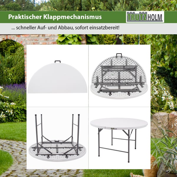 Trutzholm Klapptisch mit rundem Kunststofftischblatt und Metallgestell in verschiedenen Ansichten zur Demonstration der Klappfunktion.